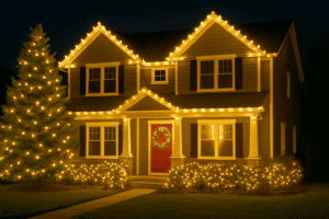 Two-story house decorated for Christmas with lights outlining the roof, a wreath on the red door, and a lit Christmas tree in the yard. Illustrates how to hang Christmas lights for a festive holiday display.