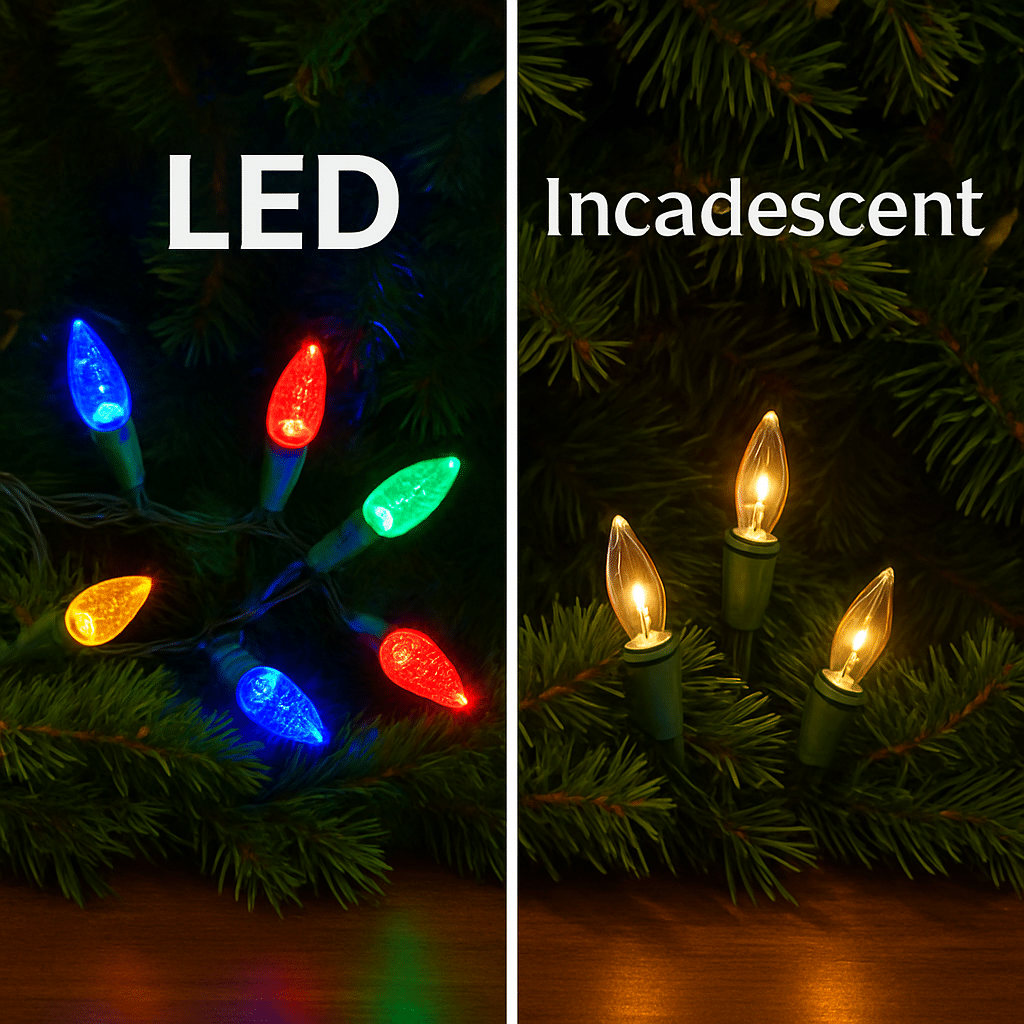LED vs. Incandescent Christmas lights comparison. Colorful LED bulbs in blue, red, green, and yellow contrast with warm-toned incandescent lights on green pine branches. Illustrates how to hang Christmas lights with different bulb types.