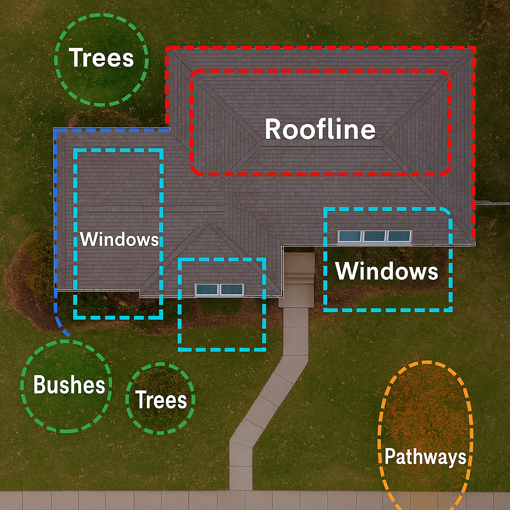 Aerial view of a house with labeled roofline, windows, pathways, trees, and bushes. Thinking about how to hang Christmas lights safely on this home.
