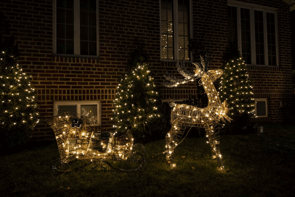 Front yard Christmas display with illuminated wire reindeer and sleigh decorations surrounded by trees wrapped in warm white string lights at night.